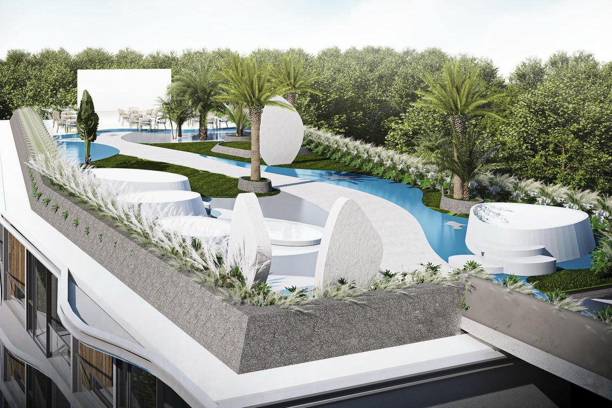 Vega Condominium — rooftop terrace with pool and lounge pavilions